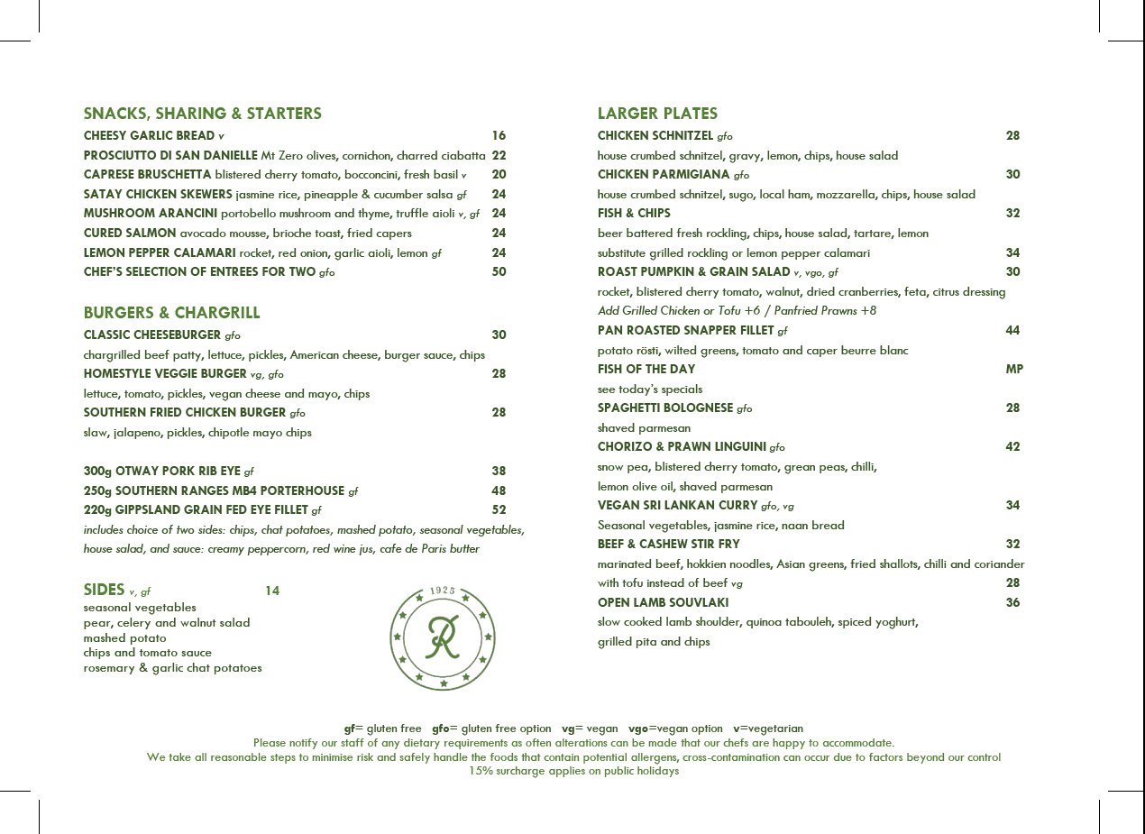 Ranelagh Menu